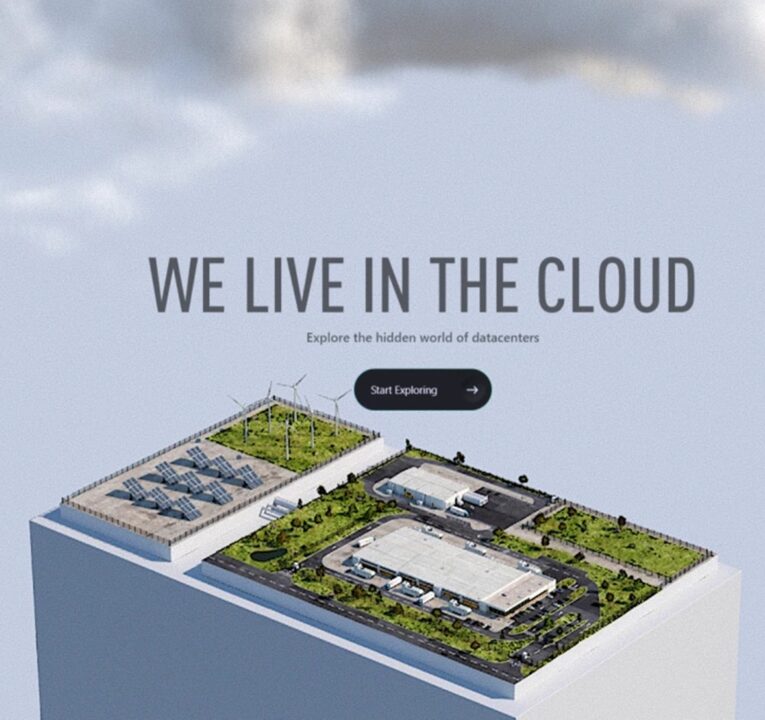 Text reading we live in the cloud above an illustration of a datacenter
