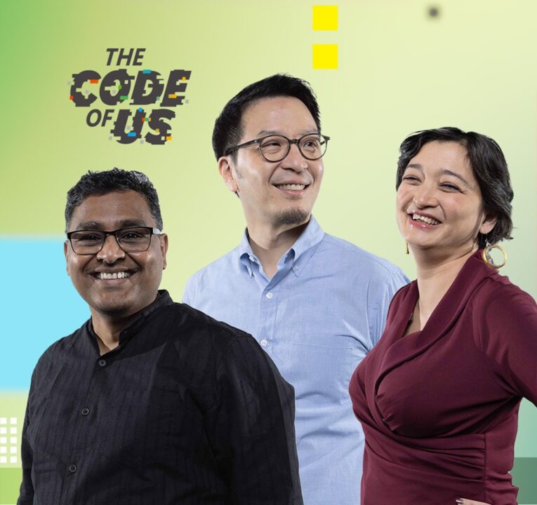 Three people smiling