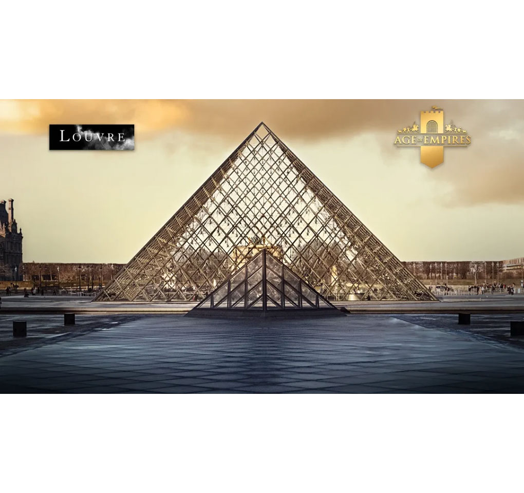 Exterior of the Louvre in Paris, along with the Age of Empires logo.
