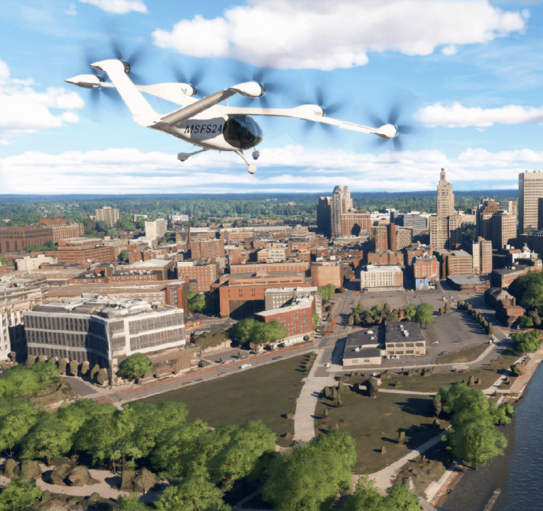 Aircraft flying over a city.