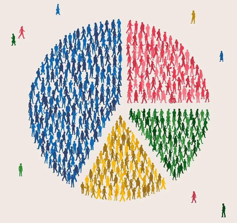 A multi-colored pie chart, with each segment populated by images of people.
