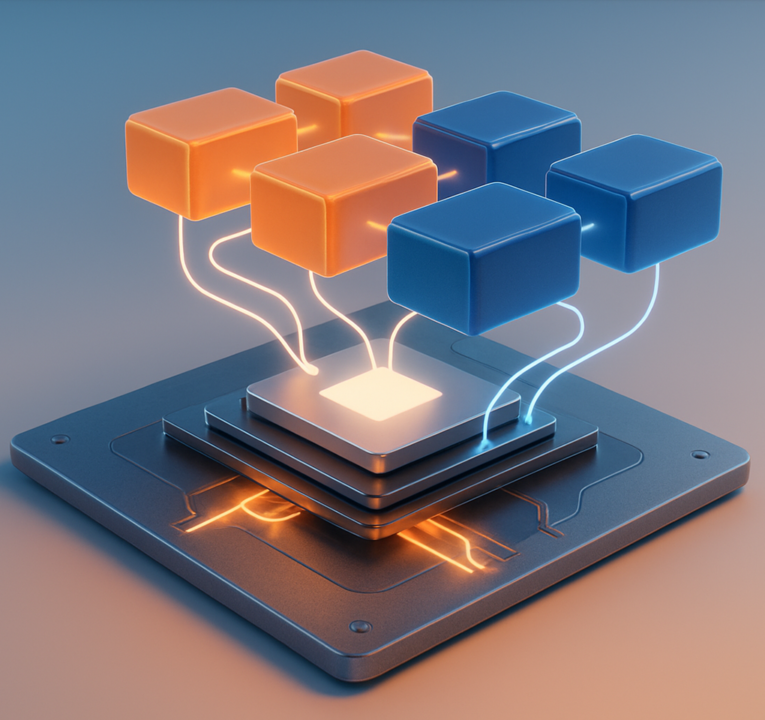 Diagram of colored blocks shown connecting on a computer chip below them.