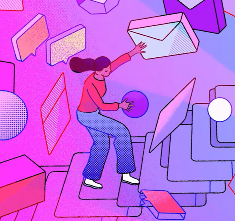 Illustration of a woman trying to walk up stairs while pushing away obstacles in her way.