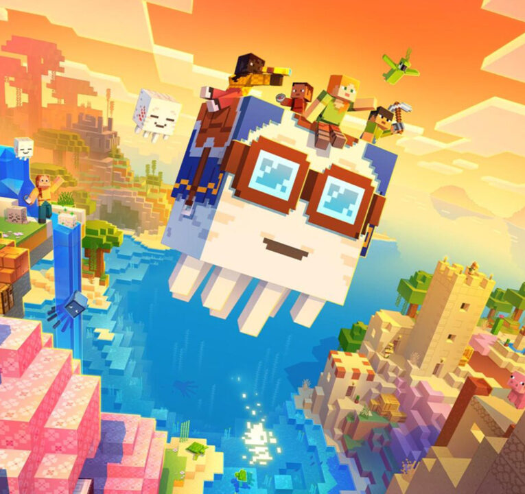 Minecraft character wearing goggles soaring through the sky with other characters on board.