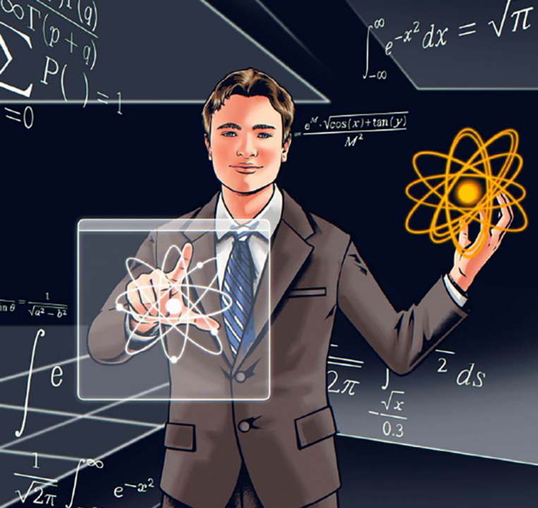 Illustration of a young man in a business suit interacting with atomic sructures.
