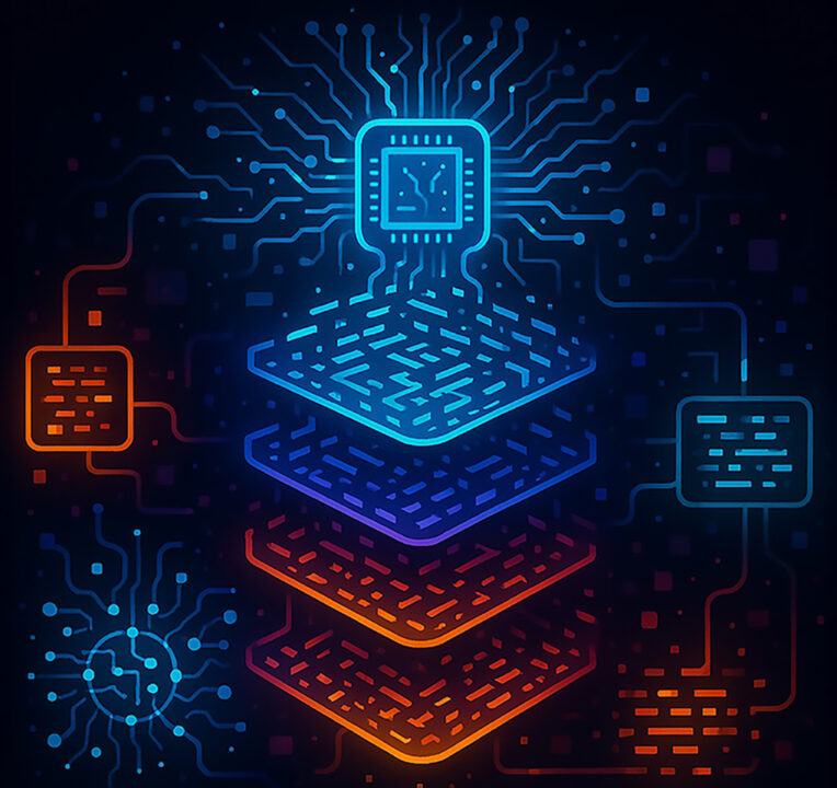 Stylized digital illustration of a multi-layered circuit board.